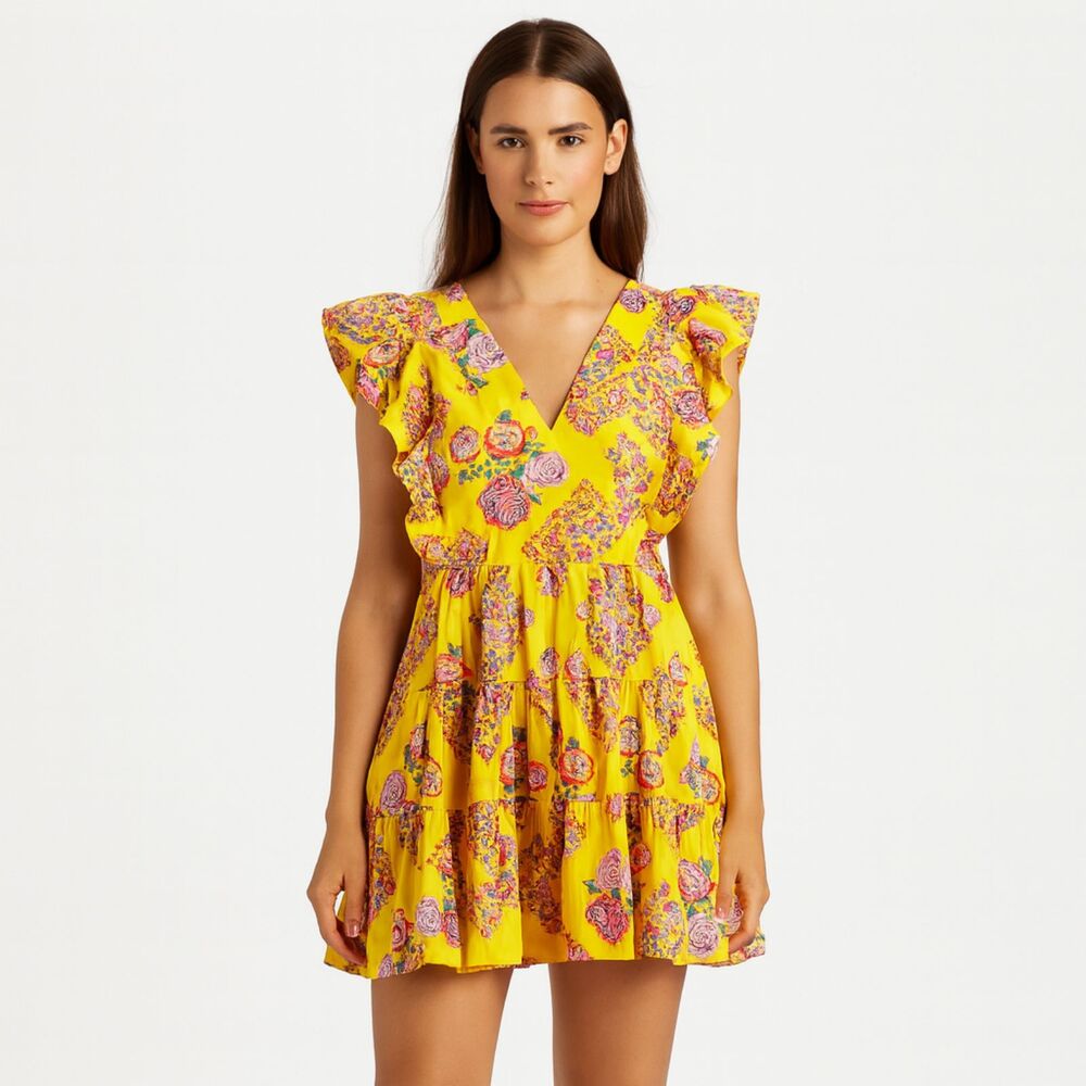 LA DOUBLEJ Honeybun‎ Tiered Flutter Mini Dress Yellow Medium